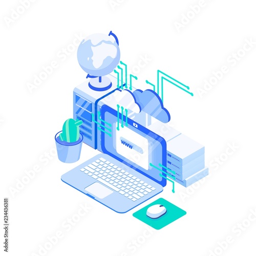 Laptop computer, stack of servers and globe. Web or internet hosting technology, online website support service, cloud computing and storage. Creative colorful isometric vector illustration.