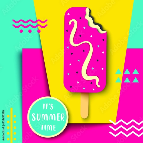Vector delicious ice cream. Eye catching summer poster design. Bright illustration with ice cream, it's summer time label on the cool retro style background