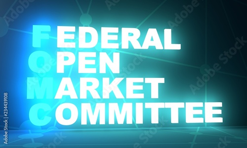 Acronym FOMC - Federal Open Market Committee. 3D rendering. Neon bulb illumination