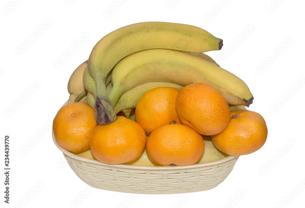 ripe tangerines and bananas in a basket isolated ripe tangerines and bananas in a basket isolated