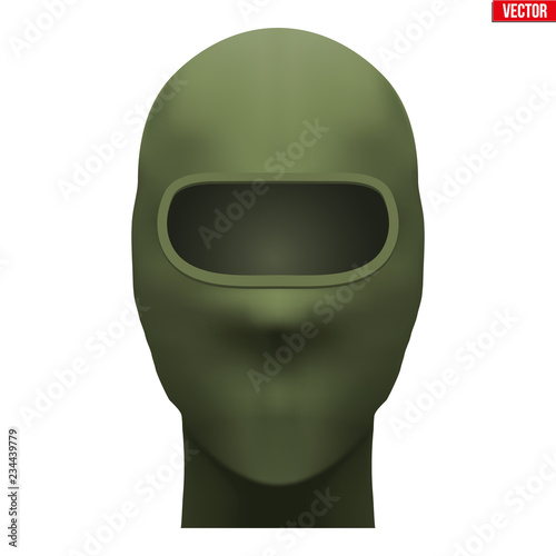 Balaclava SKI mask. Equipment for special forces or hunter. Green Khaki color. Front view. Vector illustration Isolated on white background.