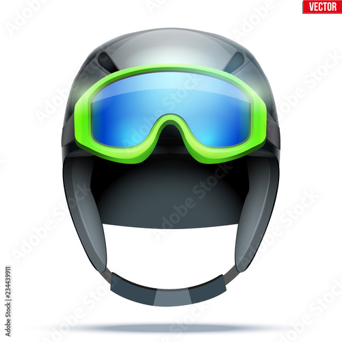 Classic Ski helmet with goggles. Front view. Winter mountain vacation. Vector isolated on white background