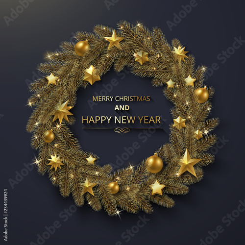 Christmas and New Year greeting card with shiny Christmas wreath.