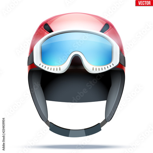 Classic Ski helmet with goggles. Front view. Winter mountain vacation. Vector isolated on white background