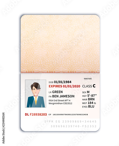 Foreign travel document with photo, realistic open passport isolated on white