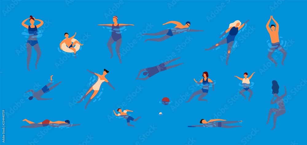 Collection of people dressed in swimwear in swimming pool. Bundle of men and women in swimsuits performing water activities. Set of swimmers. Colorful vector illustration in flat cartoon style. - obrazy, fototapety, plakaty 