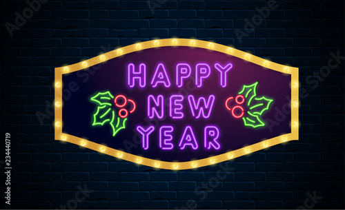 Happy New Year neon luminous sign on brick textured background.