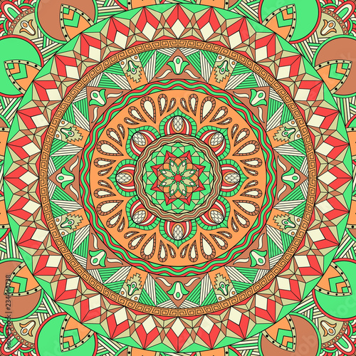 Vector ornamental mandala with a combination of floral, wavy and geometric motifs. Colorful ethnic background, lace ornament. Indian, asian, african, arabic motives. 
