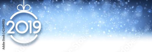 Blue shiny 2019 New Year banner with Christmas ball and snow.