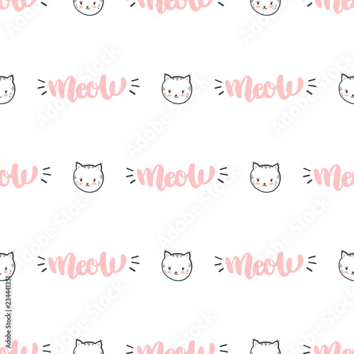 Photo Vector seamless pattern with cat and meow lettering.