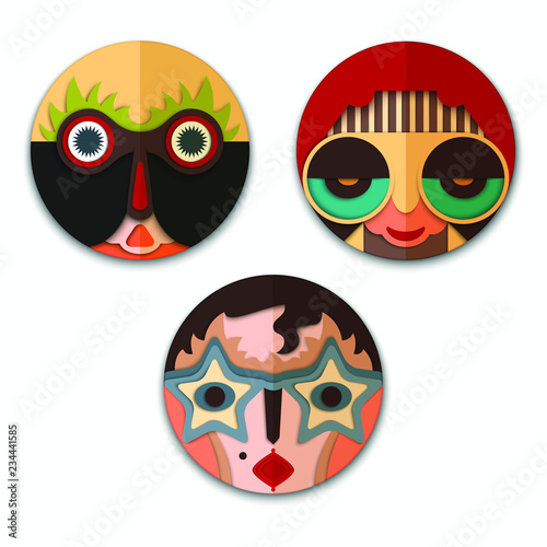 Vector set of mask: surprised man, smiling hippie with sunglasses and retro haircut, vintage woman with star sunglasses. People collection icons. 3d emoticons in material design on white background