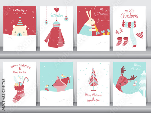 Set of cute Merry christmas  background with cute animal and christmas Tree,Lovely cartoon background with holiday symbols,Vector illustrations
