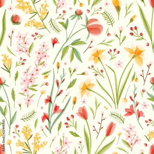Natural seamless pattern with translucent blooming spring garden flowers on light background. Modern colorful floral vector illustration for wrapping paper, wallpaper, textile print, backdrop.