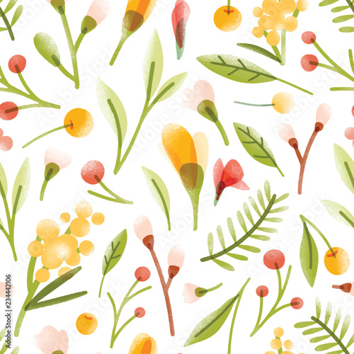 Botanical seamless pattern with translucent blooming summer flowers, berries, leaves scattered on white background