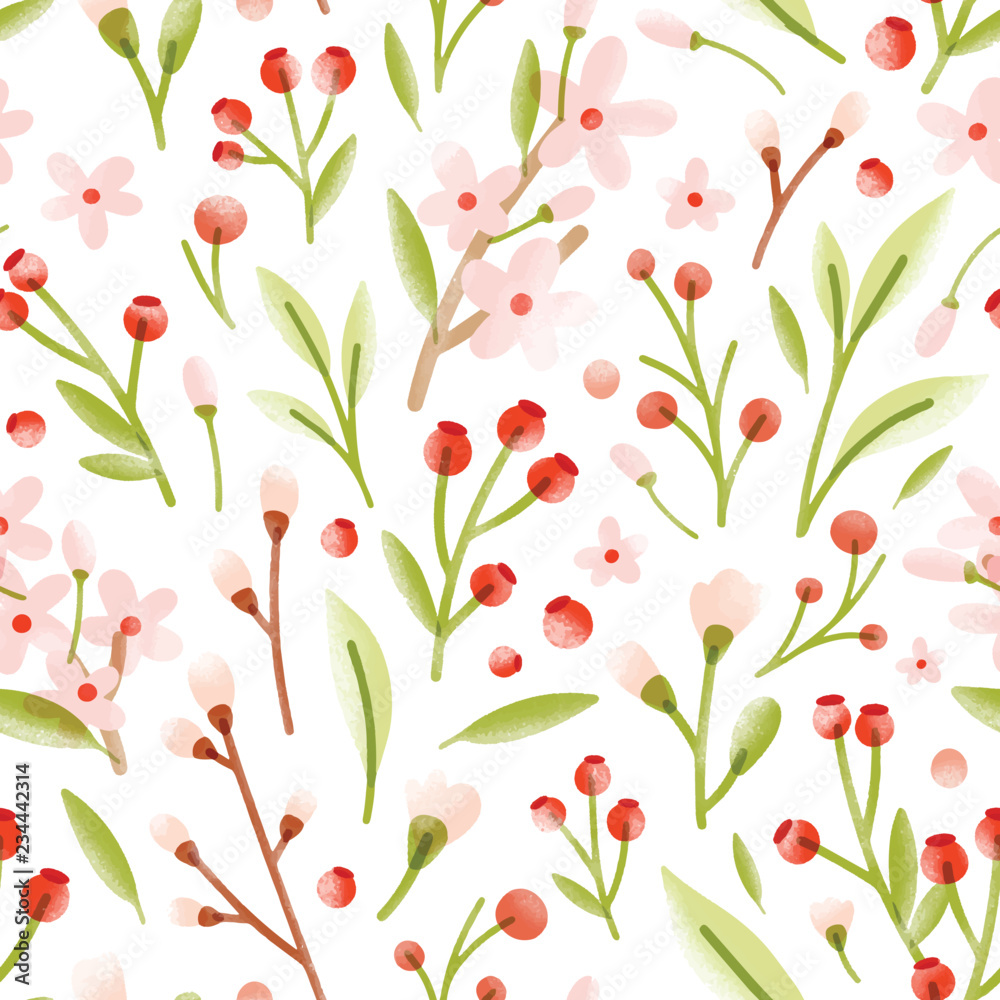 custom made wallpaper toronto digitalElegant seamless pattern with translucent tender spring flowers, forest berries, leaves scattered on white background