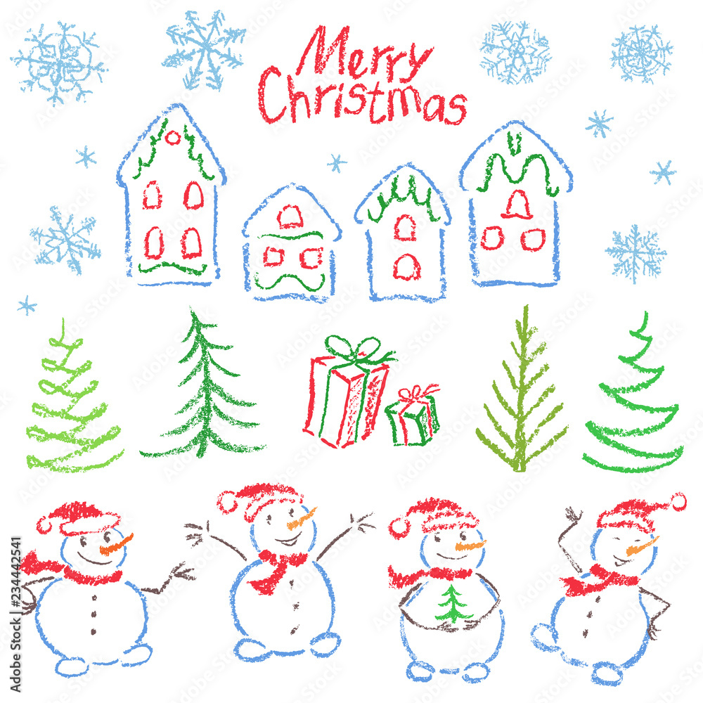 Crayon christmas clip art symbol like child drawing funny doodle isolated design element. Sketch style vector set. Pencil, pastel, chalk kid hand drawn snowman, tree, gift box, text, house, snow