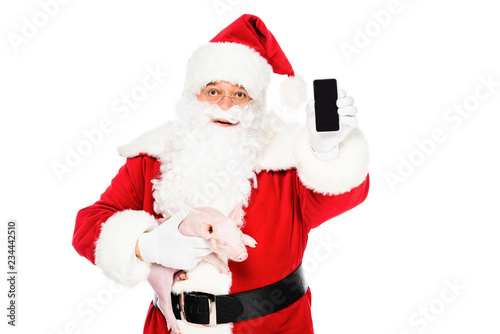 santa claus holding little pig and showing smartphone with blank screen at camera isolated on white