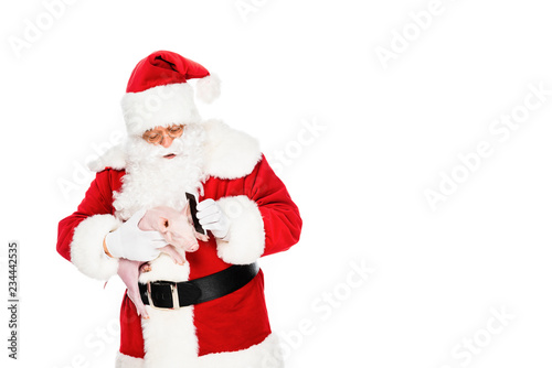 santa claus holding piggy in hand and giving her phone for talk isolated on white