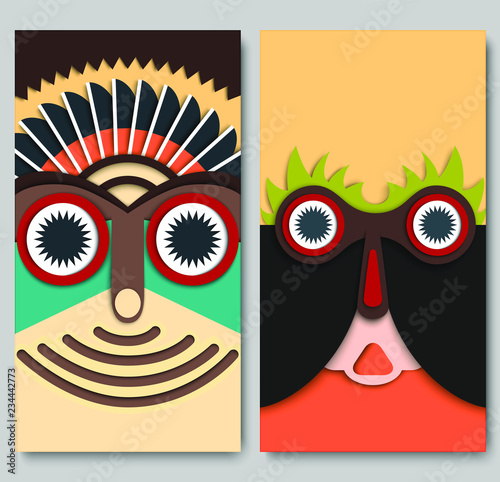Vector set of cards in the human mask design: 1st-man with feathers on the head, 2nd-surprised man. Modern material design. For background, phone cover, mobile apps, banner, ads, card, gift tag, etc. 
