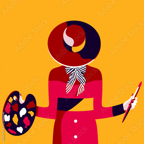 Female artist. Elegant vintage woman in hat with paintbrush and color palette, high fashion, vogue style. Creative pop art background, modern minimalism. Vector illustration