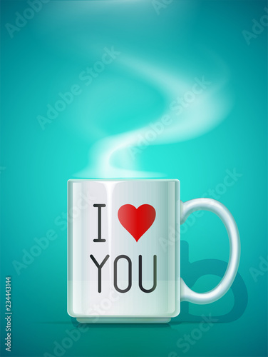 Ceramic teacup. White mug for drink on blue background