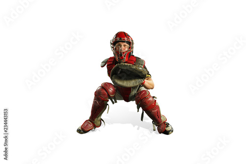 The fit caucasian man baseball player playing in studio silhouette isolated on white background