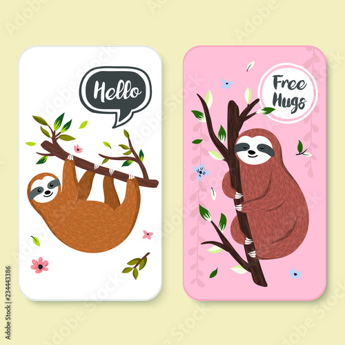 Set of two covers with cute baby sloths hanging on the tree. Hello and Free hugs illustrations with adorable cartoon animals, tree branch, floral elements. Vector graphics