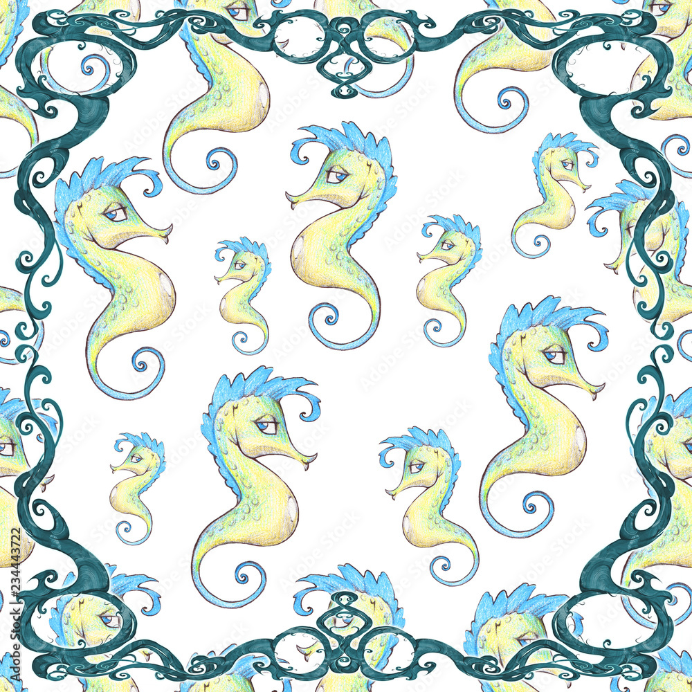 Digital seamless design of a beautiful, elegant and curled frame elements with sea creatures background. Funny cartoon marine animals