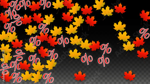 Vector Percentage Sign and Autumn Leaves Confetti on Transparent Background. Percent Sale Background. Business, Economics, Finance Print. Discount Illustration. Promotion poster. Black Friday Banner. 