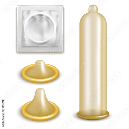 Realistic 3d Detailed Latex Condom Set. Vector