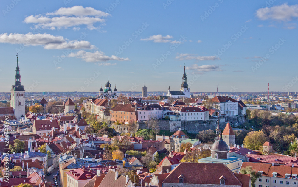 Obraz premium Scenic summer view of Tallinn Old Town, colorful Estonia in clear weather. colorful roofs of Tallinn. Aerial view of the city in the old town