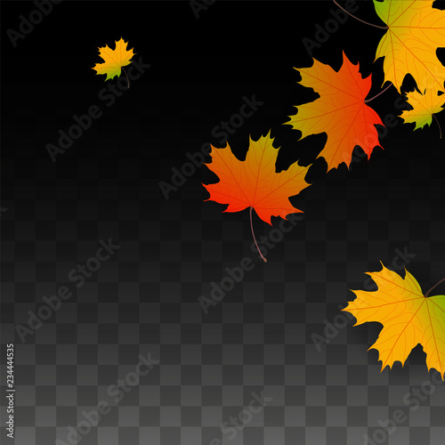 September Vector Background with Golden Falling Leaves. Autumn Illustration with Maple Red, Orange, Yellow Foliage. Isolated Leaf on Transparent Background. Bright Swirl. Suitable for Posters.