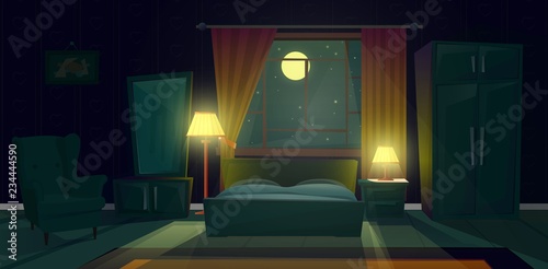 Vector cartoon illustration of cozy bedroom at night. Modern interior of living room with double bed, nightstand with lamp, dresser, armchair, window with curtains in moonlight. Concept background