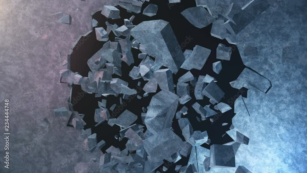 Explosion destroys the wall, broken concrete wall. Fragments of ...