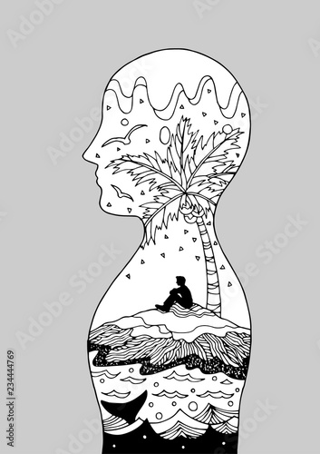 human head spirit power energy connect to the universe vector abstract art illustration design hand drawing