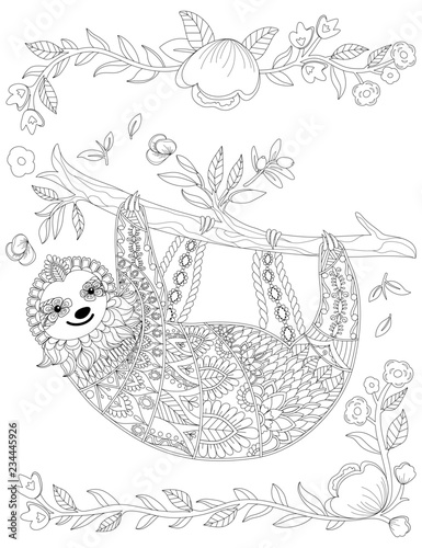 Vector ornate cute sloth on the tree, coloring page design. Hand drawn animal coloring book for adult. Zentangle sloth print with floral and geometric elements. Line art