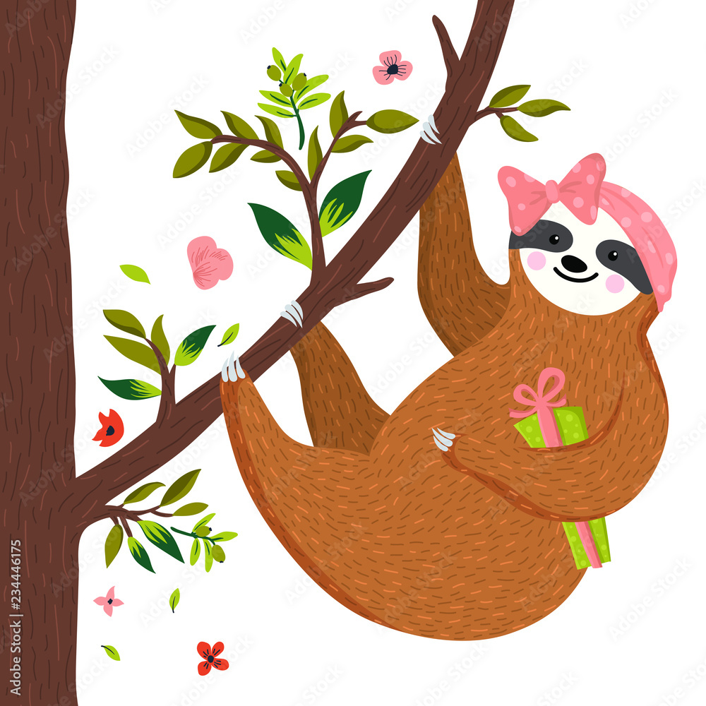 Cute baby sloth hanging on the tree and holding gift box. Cartoon funny  female sloth wearing vintage headband. Adorable hand drawn forest animal.  Vector Stock Vector | Adobe Stock