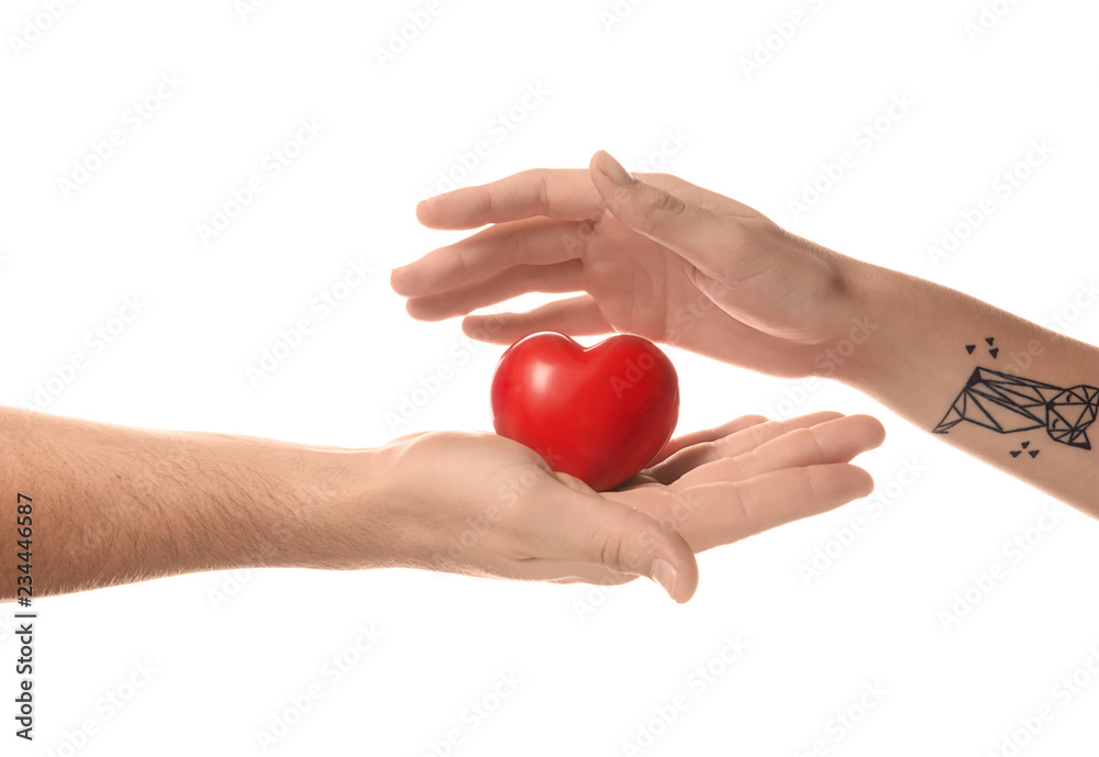 Man and woman with small heart on white background Man and woman with small heart on white background