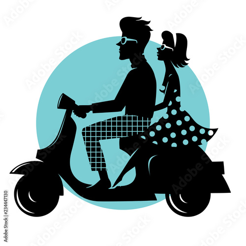 scooter5/Happy couple on a scooter. Silhouette couple on a blue background. Vector illustration.