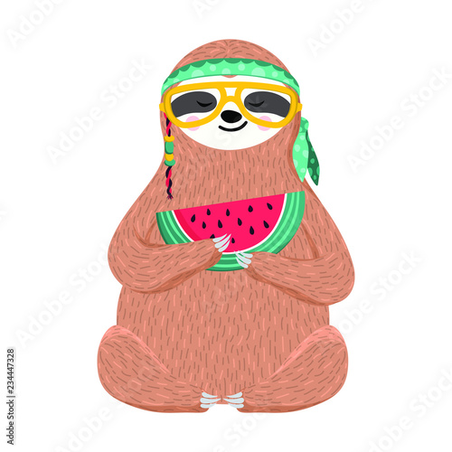 Cute baby sloth eating watermelon. Hipster animal wearing glasses and headband. Funny hippie sloth holding watermelon slice isolated on white. Vector
