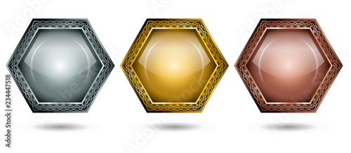 Set of silver, gold and bronze hexagon insignias. Badges collection. Label template on white background.   Vector illustration