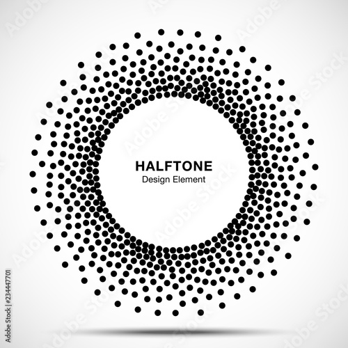 Halftone circular dotted frame. Circle decorative dots isolated on the white background. Logo design element for medical, treatment, cosmetic. Round border using halftone circle dots texture. Vector 