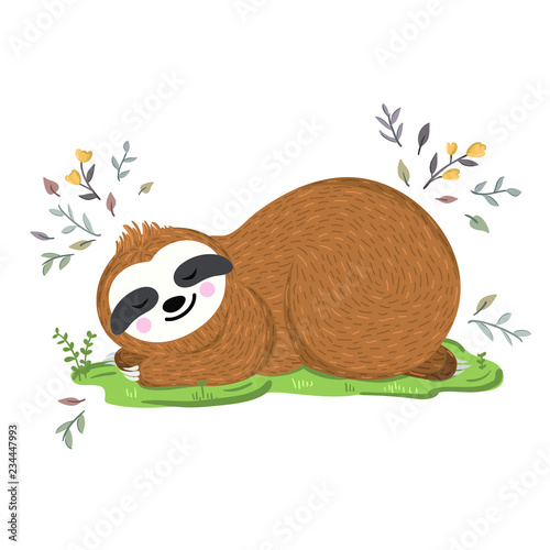 Cute baby sloth sleeping on the grass among flowers and leaves. Vector funny sloth illustration for summer and spring design. Adorable cartoon animal