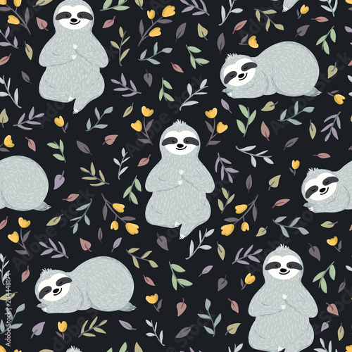 Seamless pattern with cute baby sloths relaxing among flowers and leaves. Set of adorable animals sleeping in the forest. Vector illustration