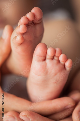 Close up of newborn baby feet. Baby's feet in the mother hands. Baby. Cozy. Love. Family.