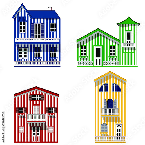 Set of detailed flat houses. Modern striped buildings. Colorful home icons, no transparencies. Vector illustration