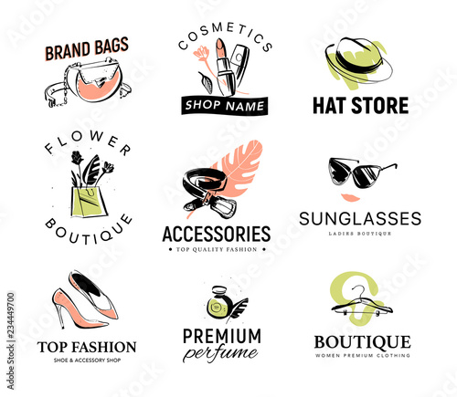 Vector collection of different fashionable lady logo for accessory & clothing shop, aroma & shoe boutique, cosmetics & hat store, floral market. Hand drawn fashion elements - shoe, perfume, sunglasses