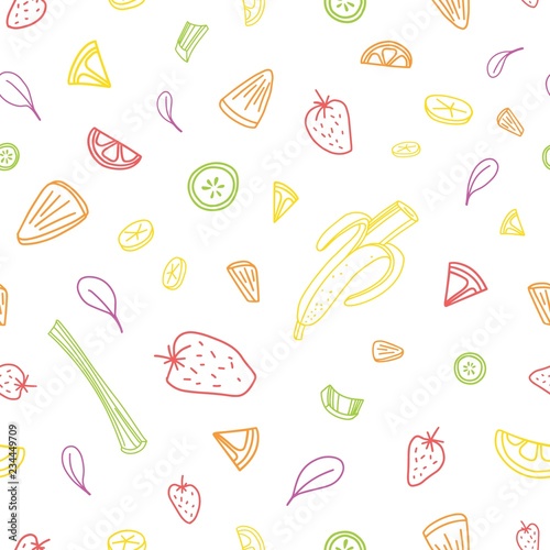 Seamless pattern with slices or pieces of tasty vegetables, fresh tropical fr...