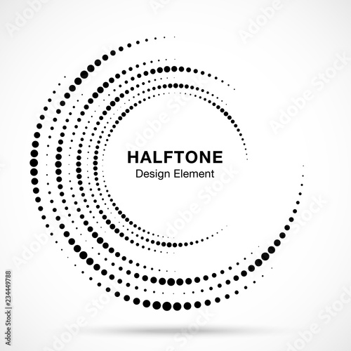 Halftone vortex circle frame dots logo isolated on white background. Circular swirl design element for treatment, technology. Incomplete round border Icon using halftone circle dots texture. Vector