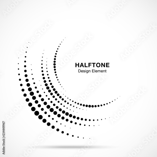 Halftone incomplete circle frame dots logo isolated on white background. Circular part design element for treatment, technology. Half round border Icon using halftone circle dots texture. Vector